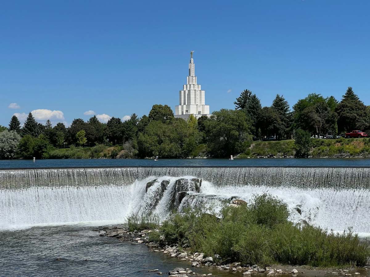 The falls on the Snake River in Idaho Falls on a clear summer day.
